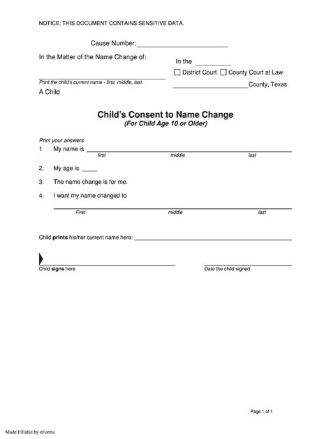 Fillable Online Childs Consent To Name Change Filed By Form Fill Out