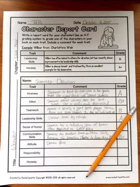 This Character Report Card Is One Of 26 Reading Response