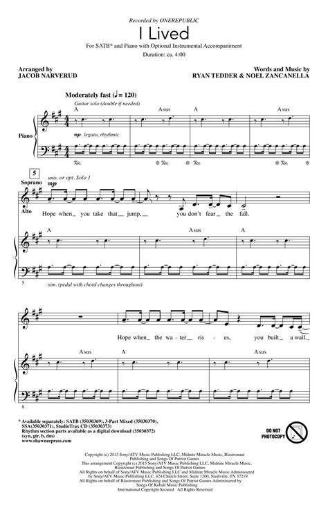 I Lived Arr Jacob Narverud Sheet Music Onerepublic Satb Choir