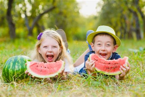 Funny Kids Taste Watermelon Child Healthy Eating Stock Image Image