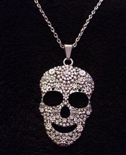 Lrg Sugar Skull Necklace 24chain Day Of The Dead Pendant Flower Rose