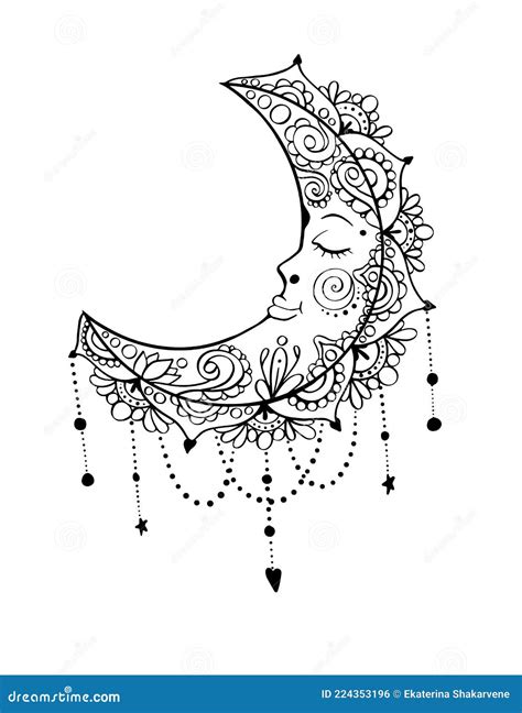 Crescent Moon Ornamental Coloring Book Page In Bohemian Style Stock