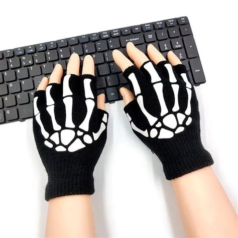 Printing Fluorescent Skeleton Skull Knitted Half Finger Gloves Cool