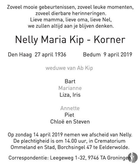 Nelly Maria Kip Korner 09 04 2019 Overlijdensbericht En Condoleances