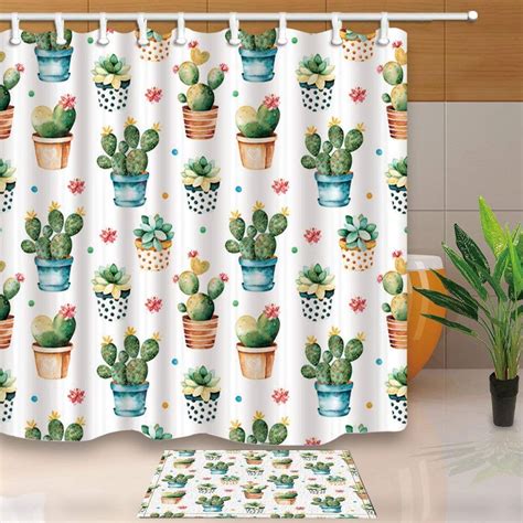 Artjia Watercolor Texture With Succulent Cactus Plant Shower Curtain