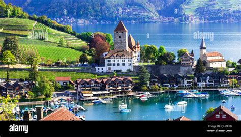 Scenic Lake Thun And The Spiez Village With Its Famous Medieval Castle