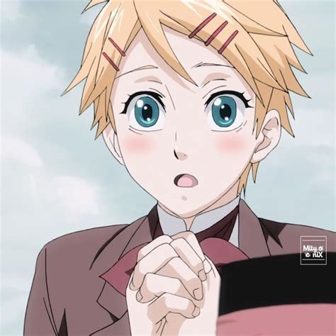 An Anime Character With Blonde Hair And Green Eyes Holding His Hands