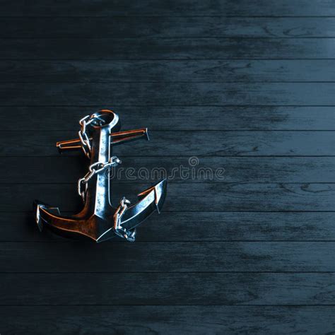 Iron Anchor On A Background Of Black Painted Wood 3d Render Stock