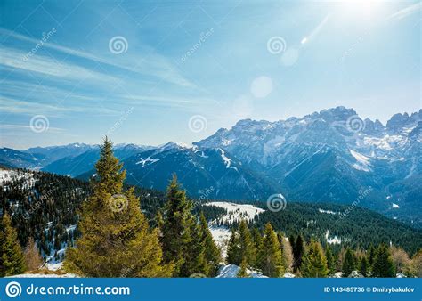 Beautiful Winter Alpine Landscape Bright Sun Snow Capped Peaks And