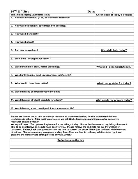 Printable 10th Step Nightly Inventory Worksheet