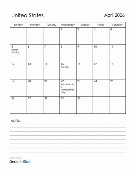 April 2026 Monthly Calendar With United States Holidays