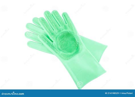 Green Rubber Gloves With Microfibers Isolated On White Stock Image