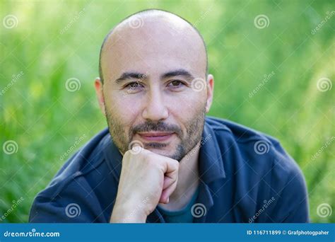 Face Of A Bearded Serious Bald Man In The Park Stock Image Image Of