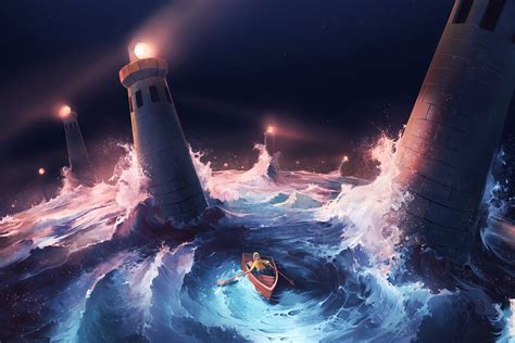 Wallpaper Storm Lighthouse Night Dark Waves Water
