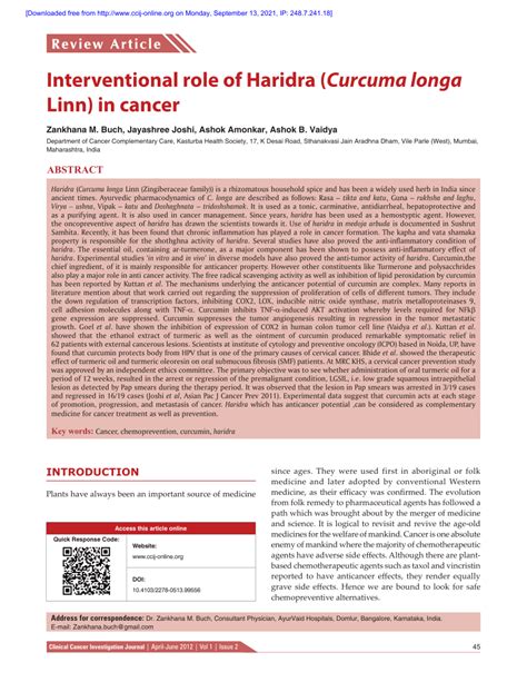 Pdf Interventional Role Of Haridra Curcuma Longa Linn In Cancer