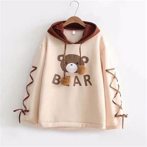 Polyester, breathable and comfortable to wear. Kawaii Cartoon Bear Hoodie | Harajuku hoodie, Contrast ...
