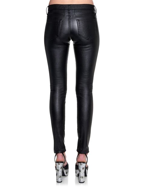 Saint Laurent Low Rise Skinny Faux Leather Trousers In Black Lyst
