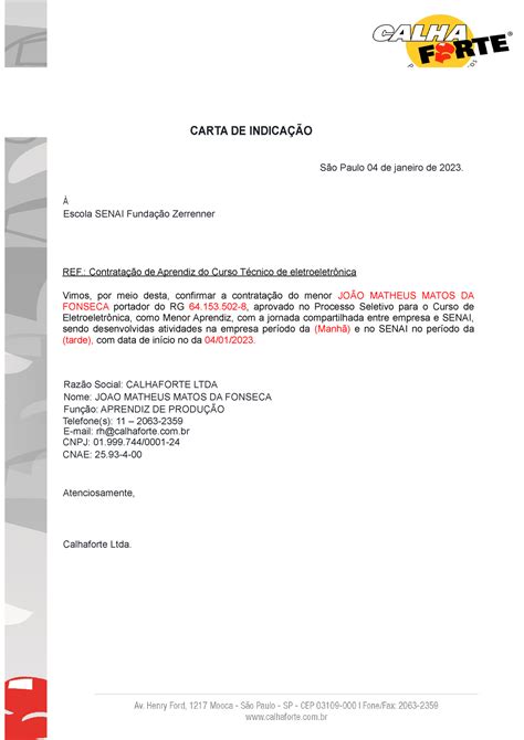 Carta Modelo Indicação Carta De IndicaÇÃo São Paulo 04 De Janeiro De