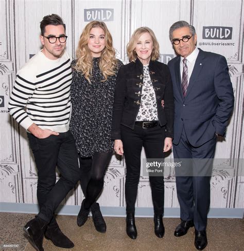 dan levy annie murphy catherine o hara and eugene levy visit build news photo getty images