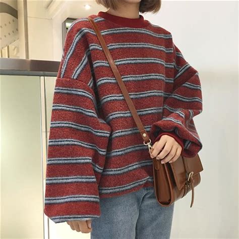 Vintage Retro Wool Knit Stripes Oversized O Neck Sweaters On Storenvy