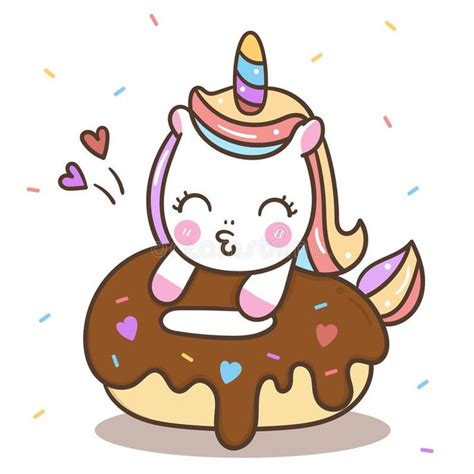 Cute Unicorn Vector Donut Cake Happy Birthday Kawaii Pony Cartoon