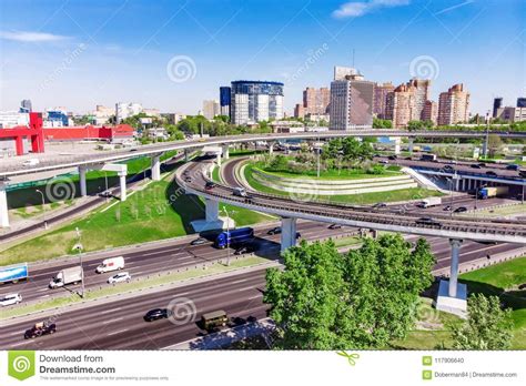 Aerial View Of A Freeway Intersection Road Junctions In A Big City