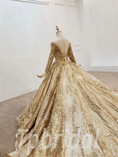 Gold Sparkle Wedding Dress Long Sleeve Ball Gown With Train