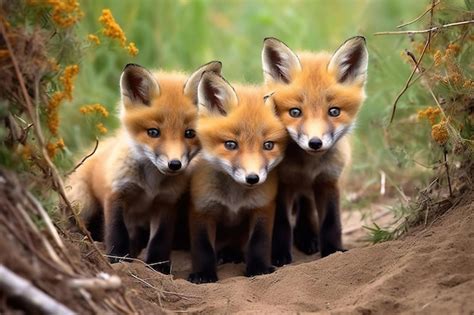 Premium Ai Image Cute Red Fox Babies Near Its Den