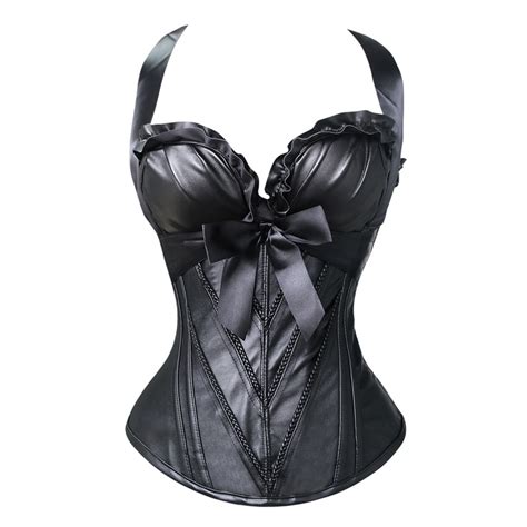 Glamorous Black Leather Halter Neck Top Ruffles Overbust Corset N10410