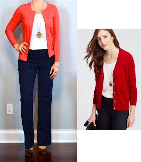 Outfit Posts Red Cardigan White Camisole Navy Pants Brown Mary