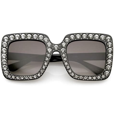 Womens Oversize Glamorous Crystal Rhinestone Square Sunglasses Zerouv