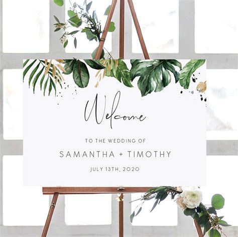 Palm leaf i art print by ann solo. Editable Tropical welcome sign Template wedding welcome ...