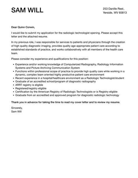 Radiologic Technologist Cover Letter | Velvet Jobs