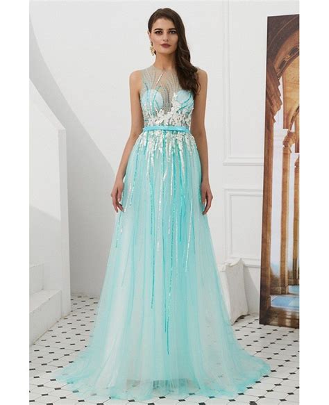 Sleeveless Long Sequin Aqua Blue Prom Dress With Sheer Top F007b