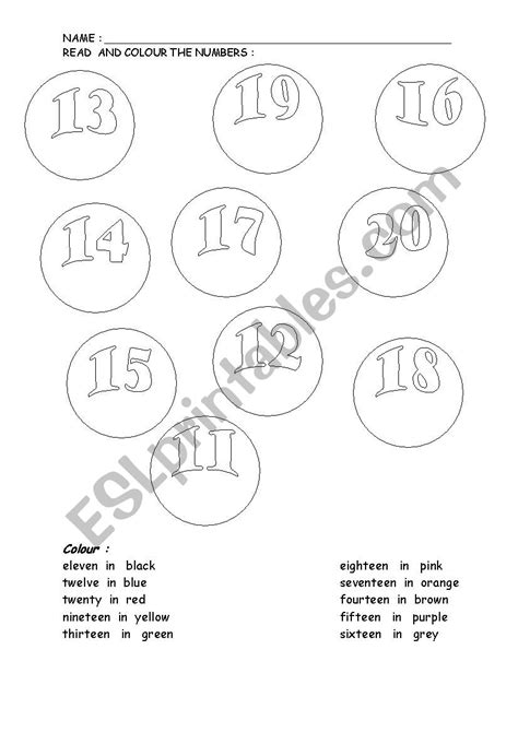 Colour The Numbers 11 20 Esl Worksheet By Chusesl