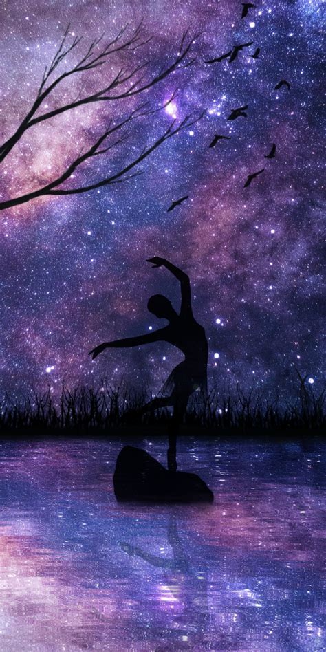 Download Starry Night Girl Dance Silhouette Art 1080x2160 Wallpaper