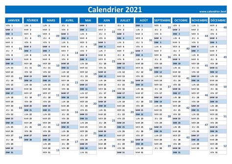 Calendrier 2021 gratuit y compris les jours fériés 2021 et numéros de semaine, certains modèles sont conçus avec un espace pour des notes ou des événements. Calendrier annuel 2021 à imprimer