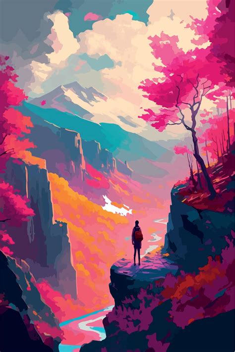 Magical Mountain Landscape Surreal Colorful Vector Art Alpine Scenery