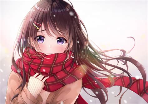 Wallpaper Anime Girl Red Scarf Brown Hair Teary Eyes