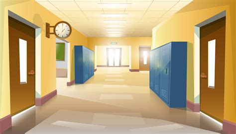 Vector Cartoon Style School Hallway With Open Doors Of Classes With