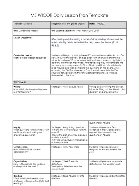 11 9 11 10 Daily Wicor Lesson Plan Template Pdf Lesson Plan Cognition