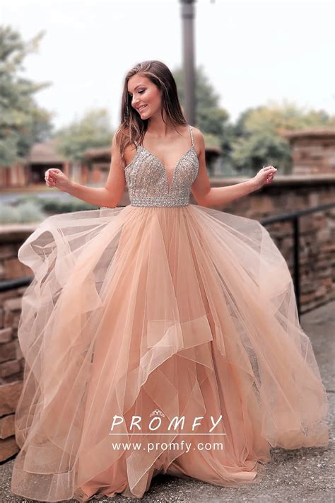 Beaded Plunging Neckline Nude Tulle Long Prom Dress Promfy