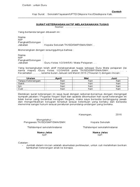 Namun, seseorang yang ditugaskan adalah guru dan pengirimnya adalah kepala sekolah. Surat Keterangan Aktif Melaksanakan Tugas - Guru - OKE