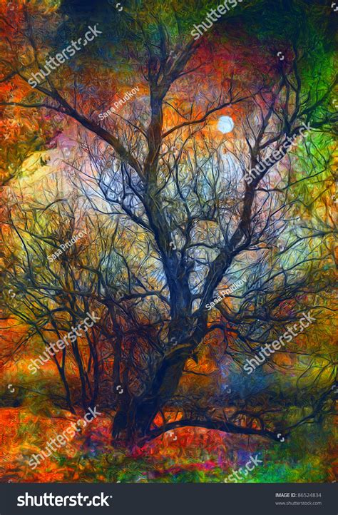Landscape Painting Showing Dead Tree Moon Stock Photo