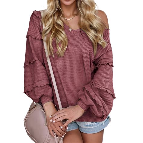 Easther Women’s V Neck Long Sleeve Blouse Loose Fit Tunics Ruffles Off