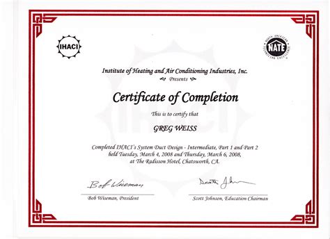 Ihaci Nate Certificate Of Completion System Duct Design Advanced