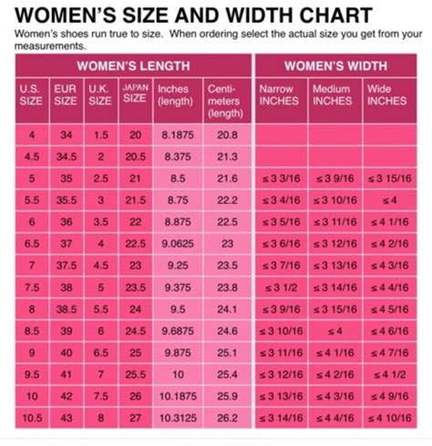 Womens Shoe Size Chart Printable