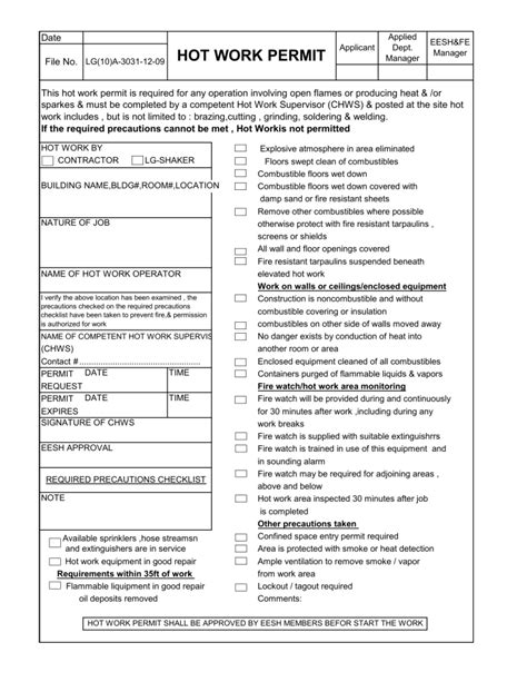 Hot Works Permit Template Free