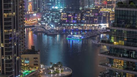 Waterfront Promenade In Dubai Marina Aerial Night Timelapse Dubai