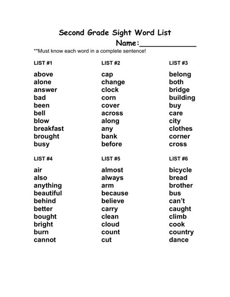 2nd Grade Sight Word List Pdf